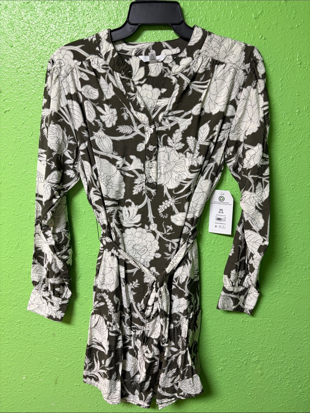 Time and Tru Olive & White Floral Tie-Waist Long Sleeve Dress